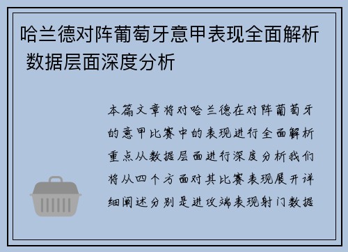 哈兰德对阵葡萄牙意甲表现全面解析 数据层面深度分析