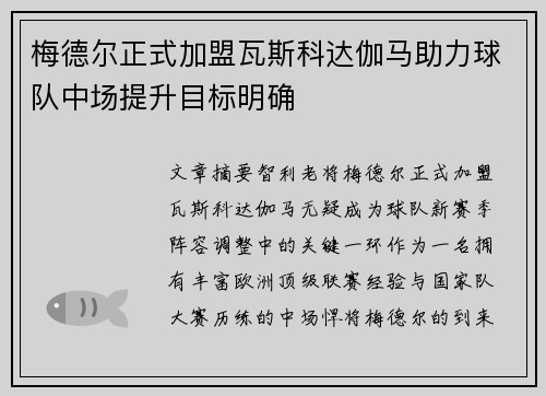 梅德尔正式加盟瓦斯科达伽马助力球队中场提升目标明确